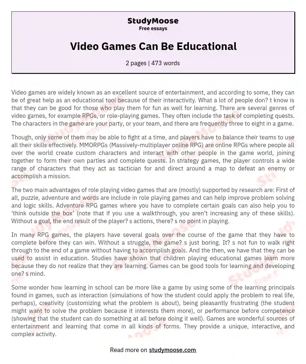 Argumentative Essay On Video Games Free Essay Example