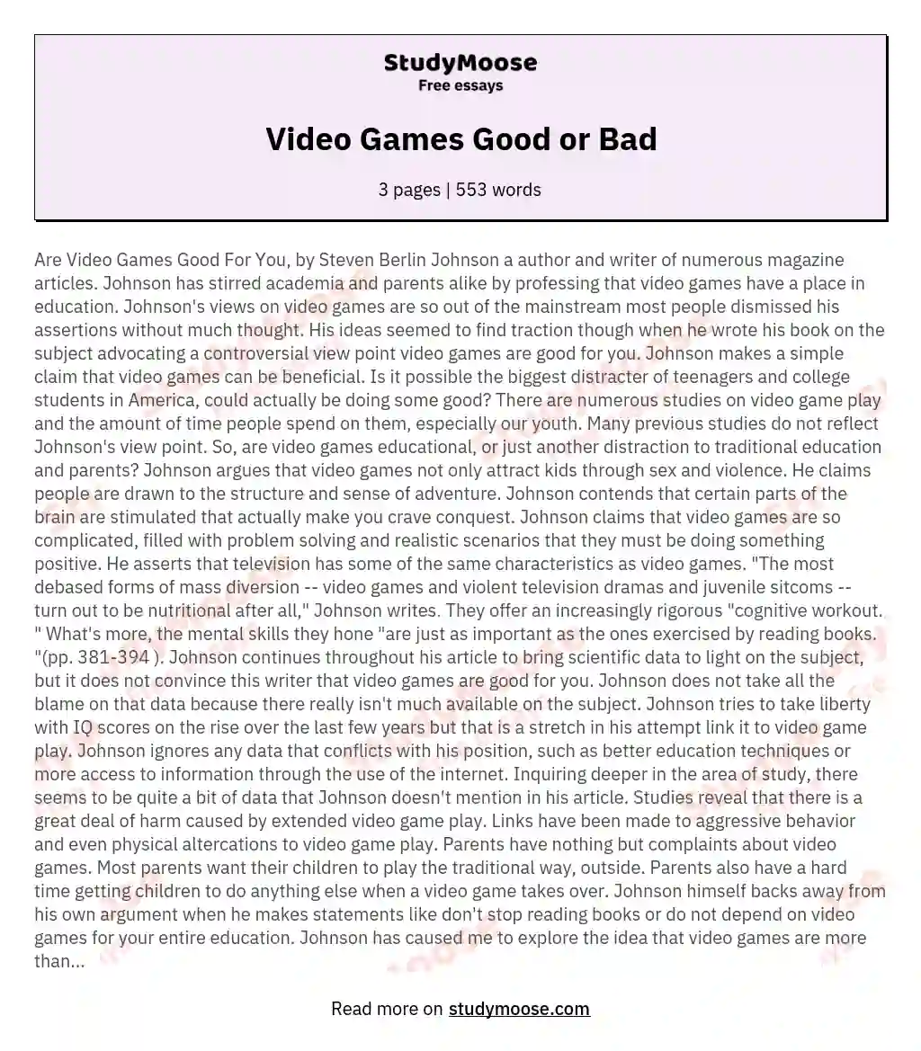 is video gaming good or bad essay