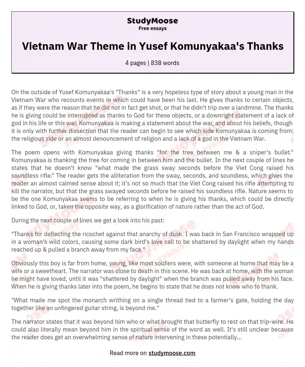 Vietnam War Theme in Yusef Komunyakaa's Thanks essay