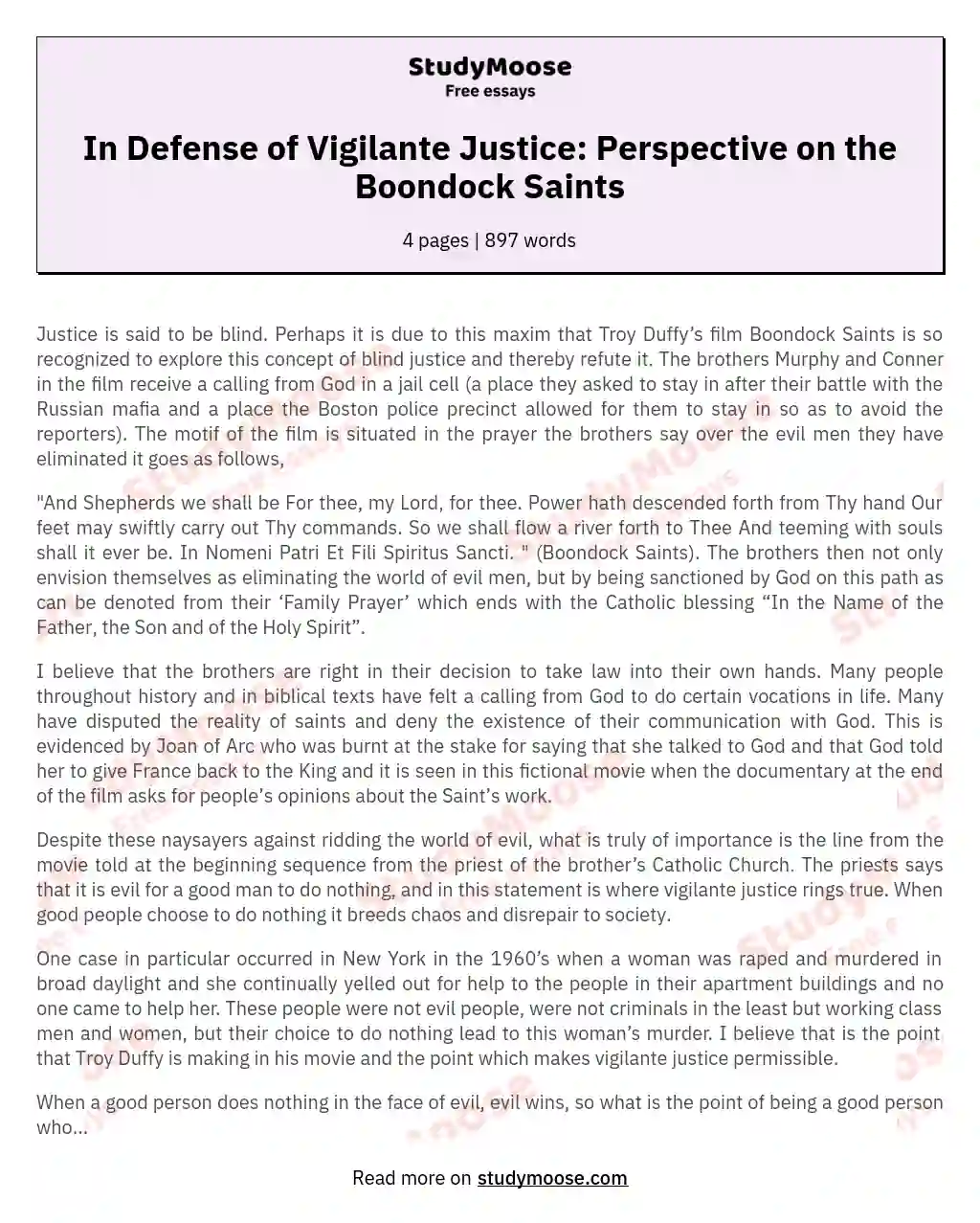 In Defense of Vigilante Justice: Perspective on the Boondock Saints essay