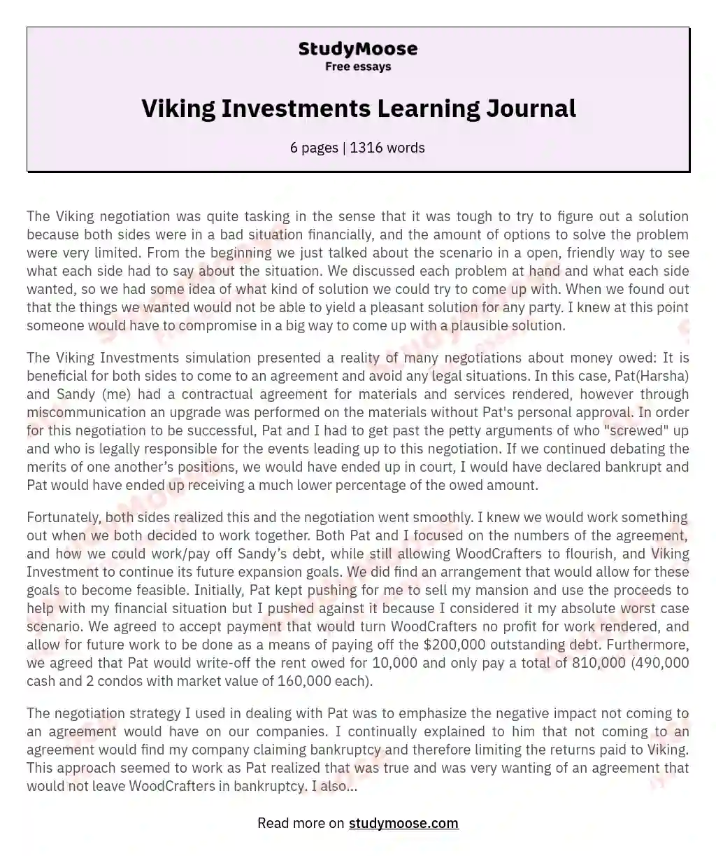 Viking Investments Learning Journal essay