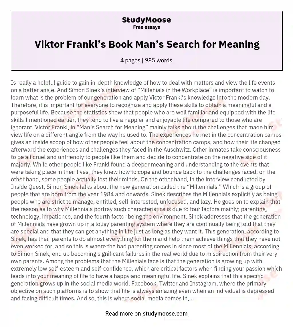 Viktor Frankl’s Book Man’s Search for Meaning essay
