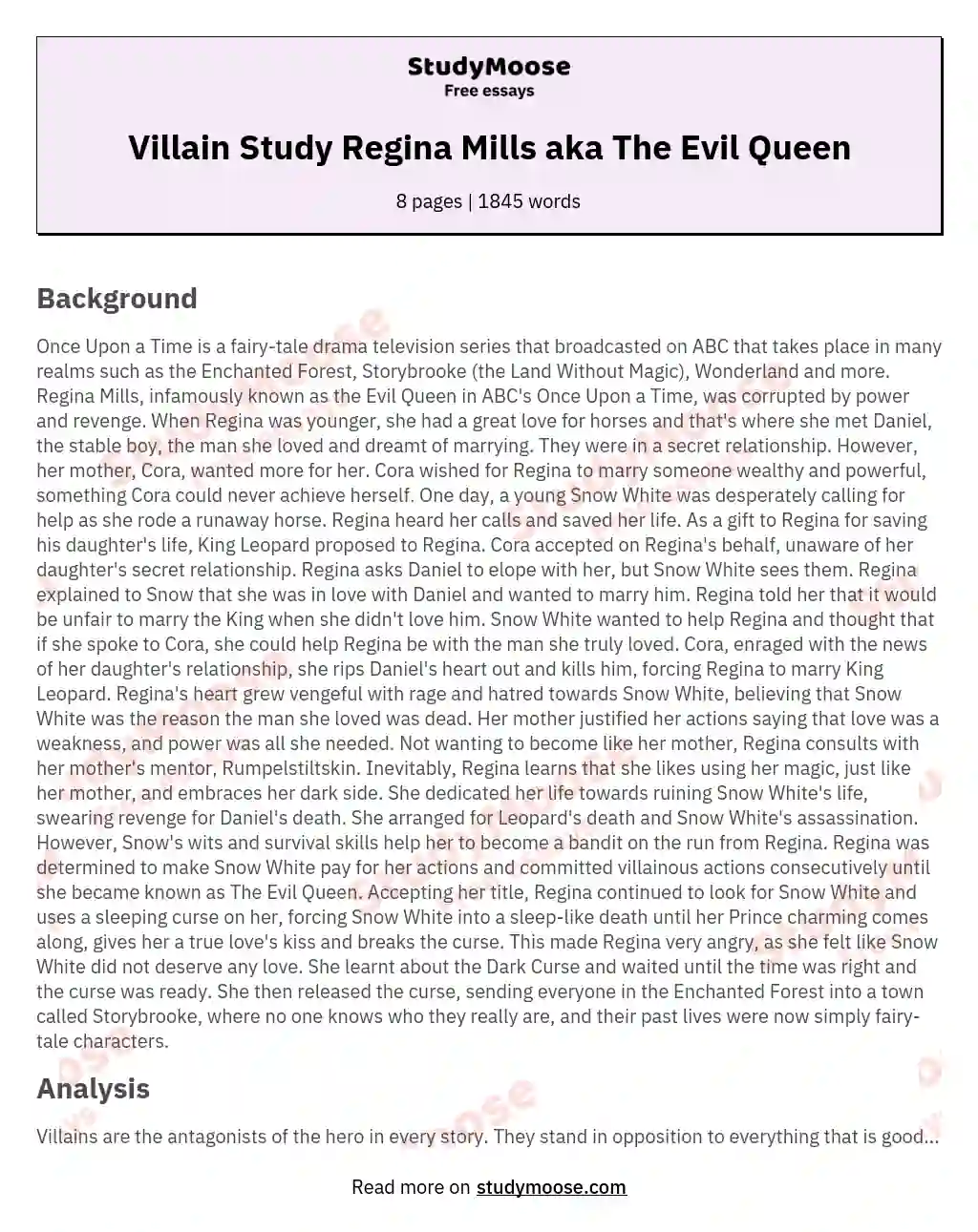 Villain Study Regina Mills aka The Evil Queen essay