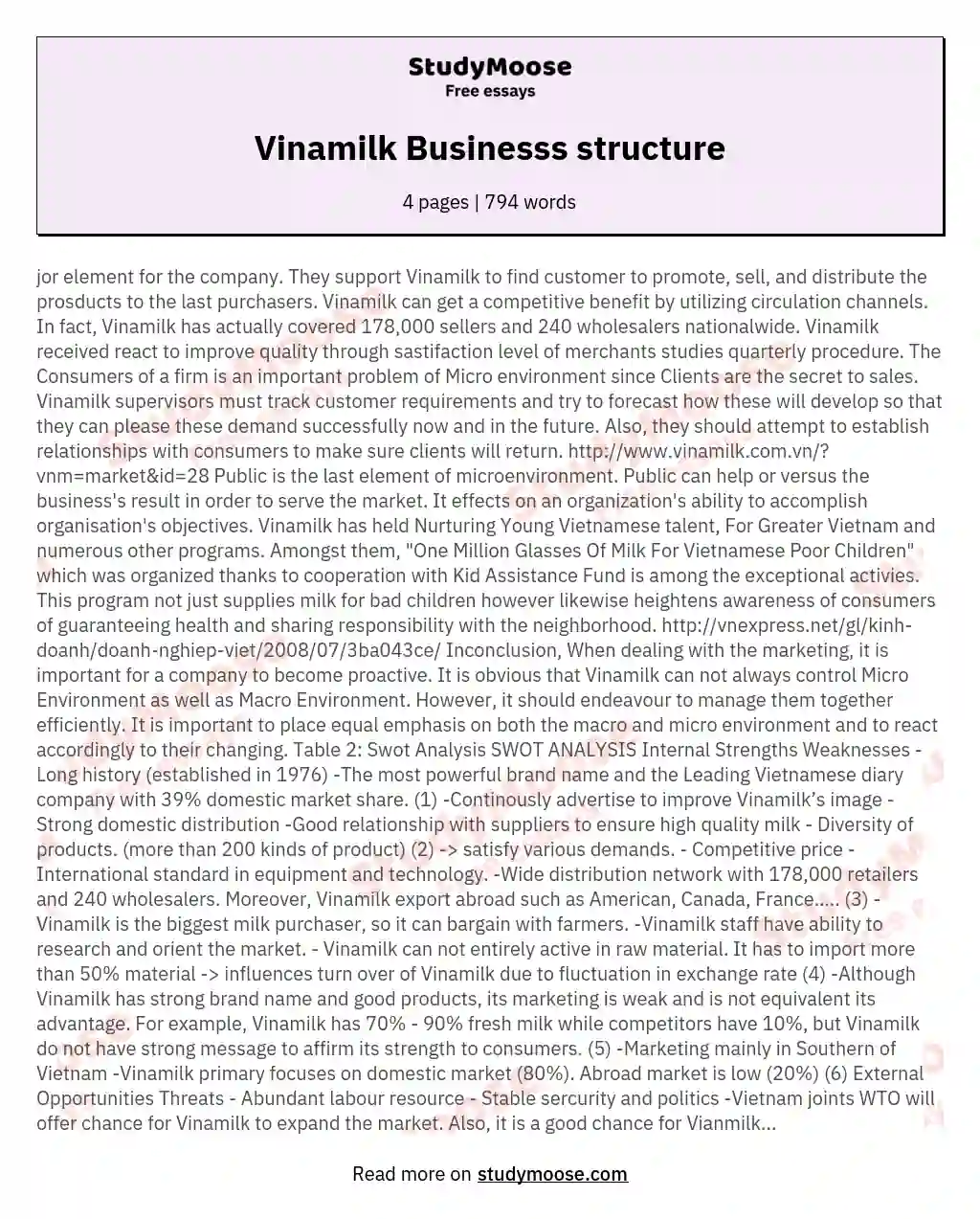 Vinamilk Businesss structure essay