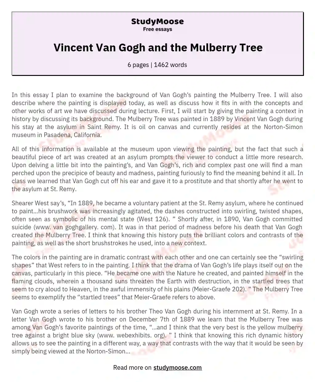 Vincent Van Gogh and the Mulberry Tree essay