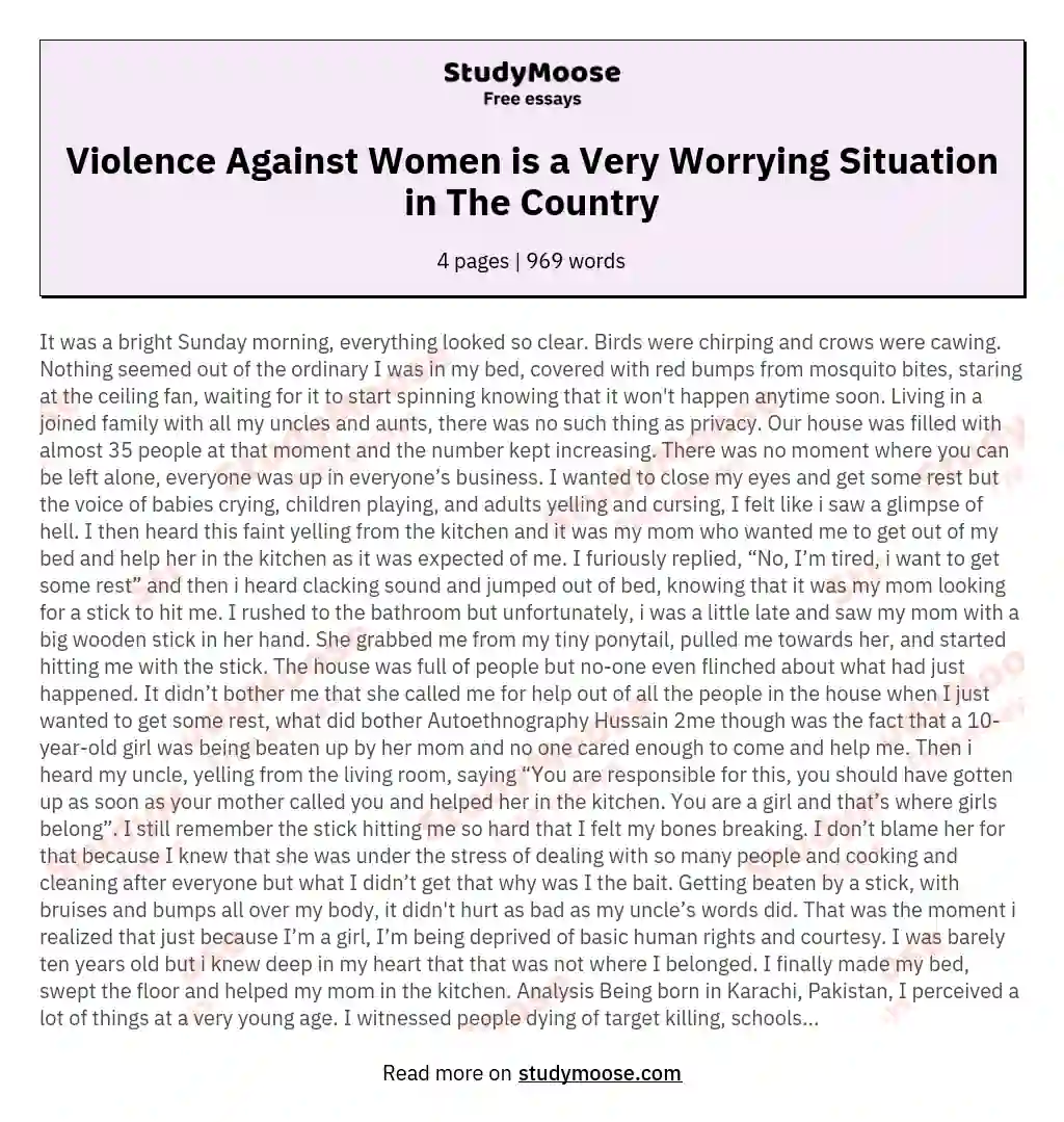 Violence Against Women is a Very Worrying Situation in The Country essay