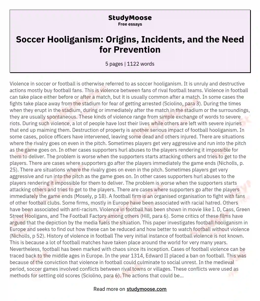 Soccer Hooliganism: Origins, Incidents, and the Need for Prevention essay