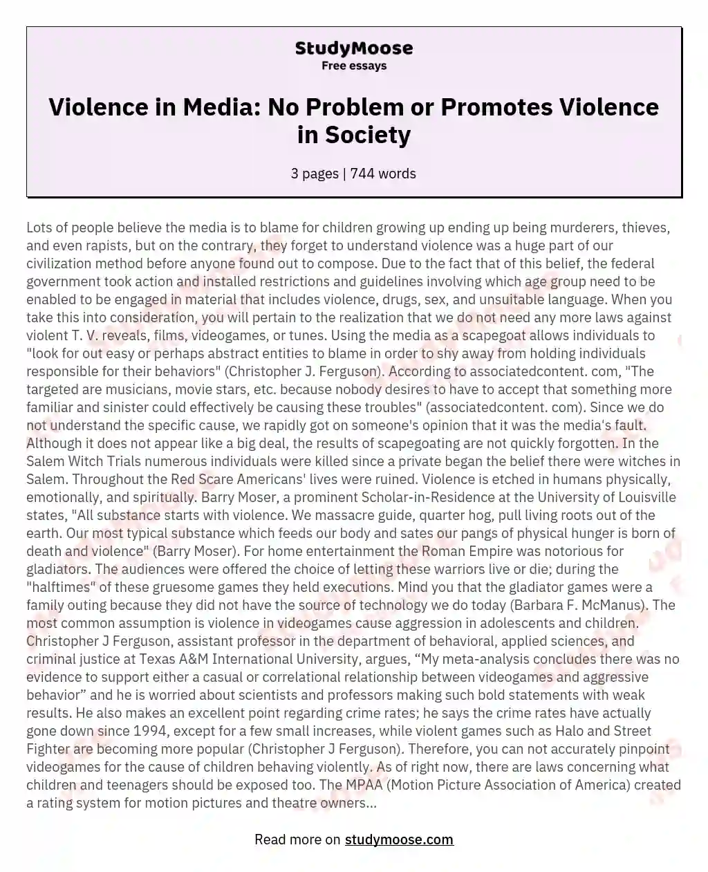 media promotes violence in society essay