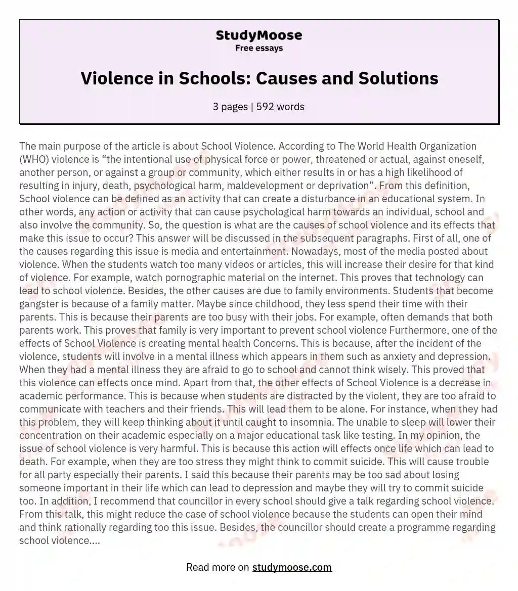 essay on violence on schools