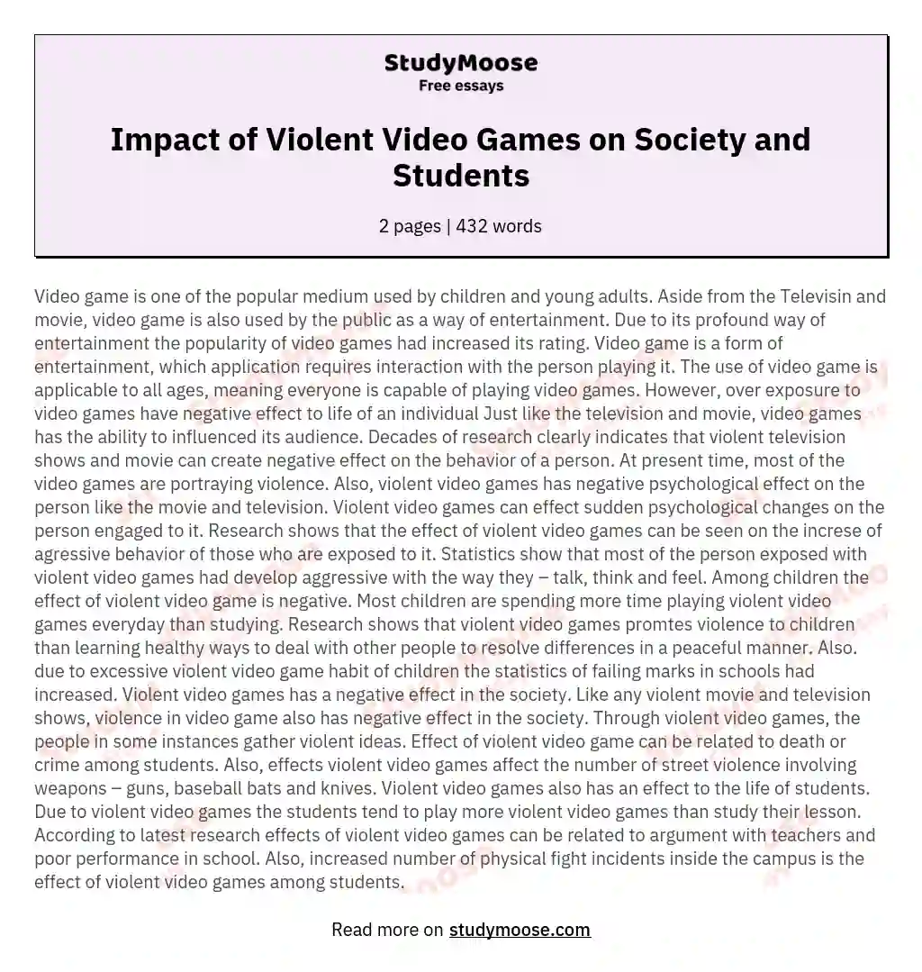 Impact of Violent Video Games on Society and Students essay