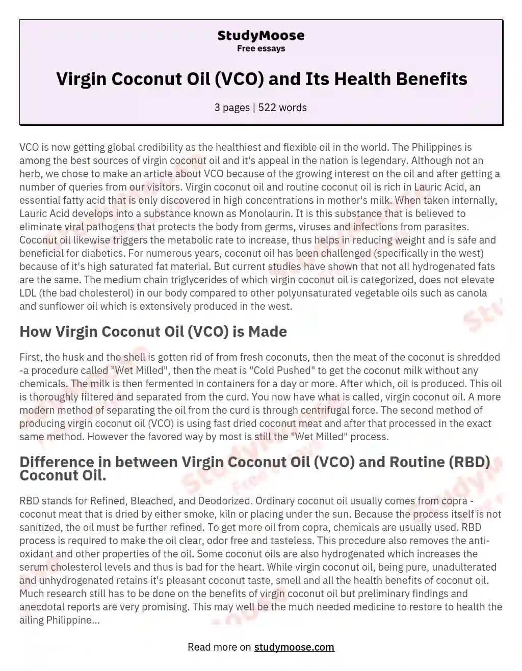 Virgin Coconut Oil (VCO) and Its Health Benefits essay