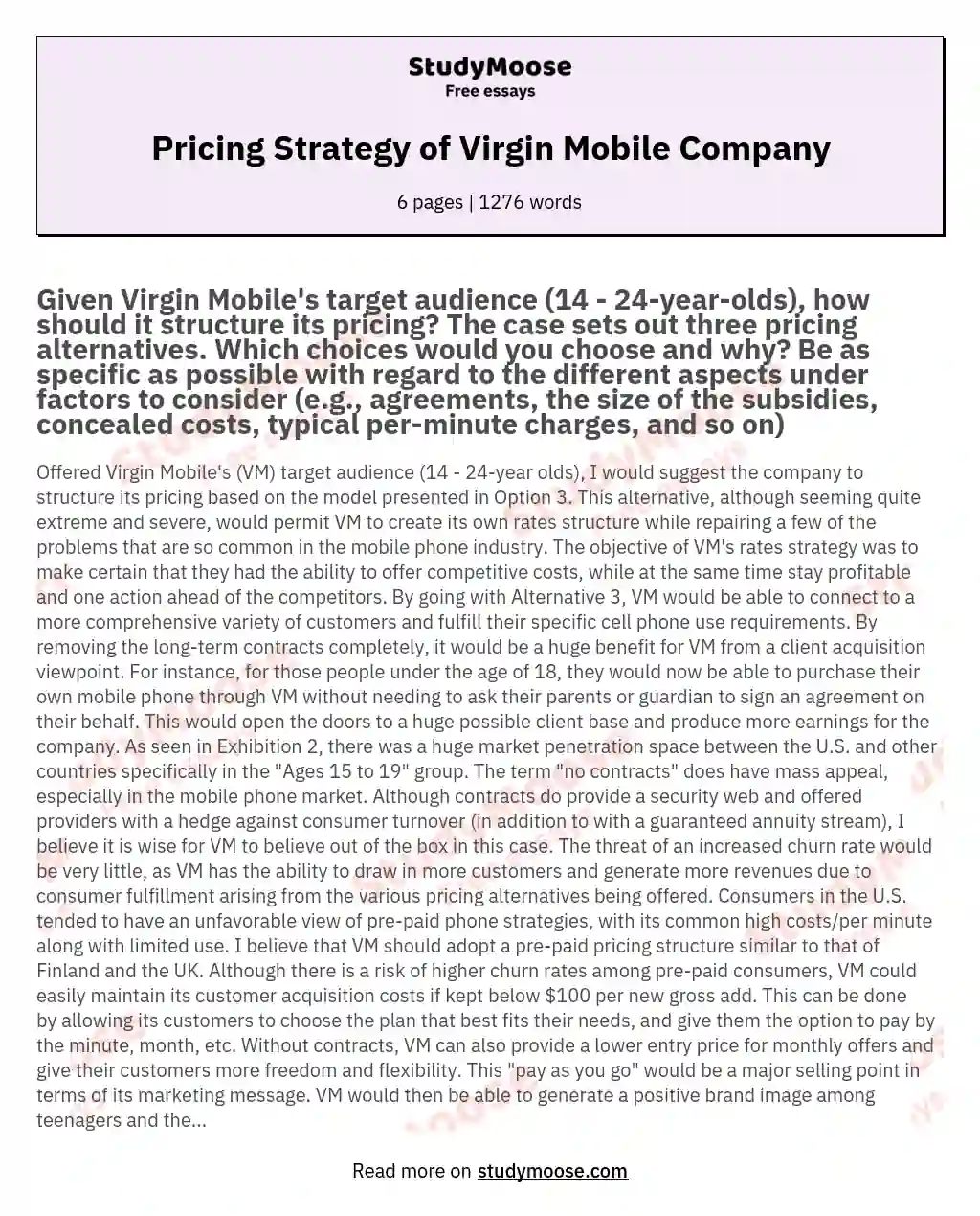 Pricing Strategy of Virgin Mobile Company essay