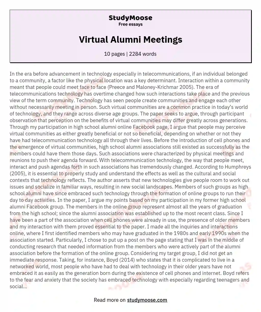 Virtual Alumni Meetings essay
