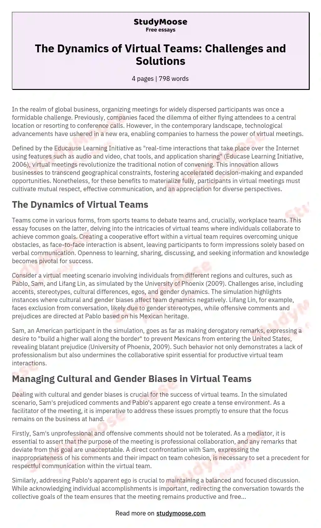 The Dynamics of Virtual Teams: Challenges and Solutions essay