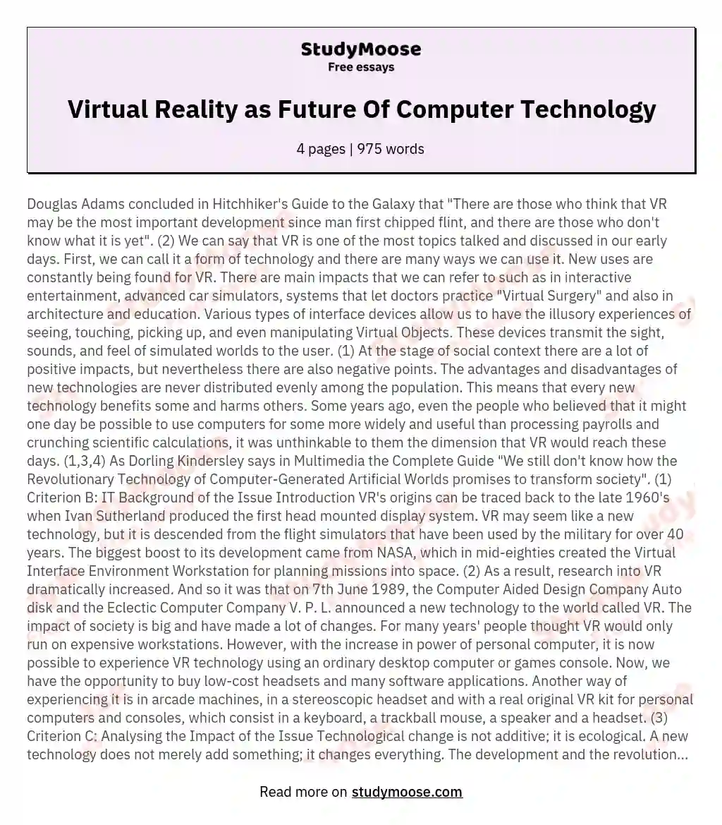 Virtual Reality as Future Of Computer Technology essay