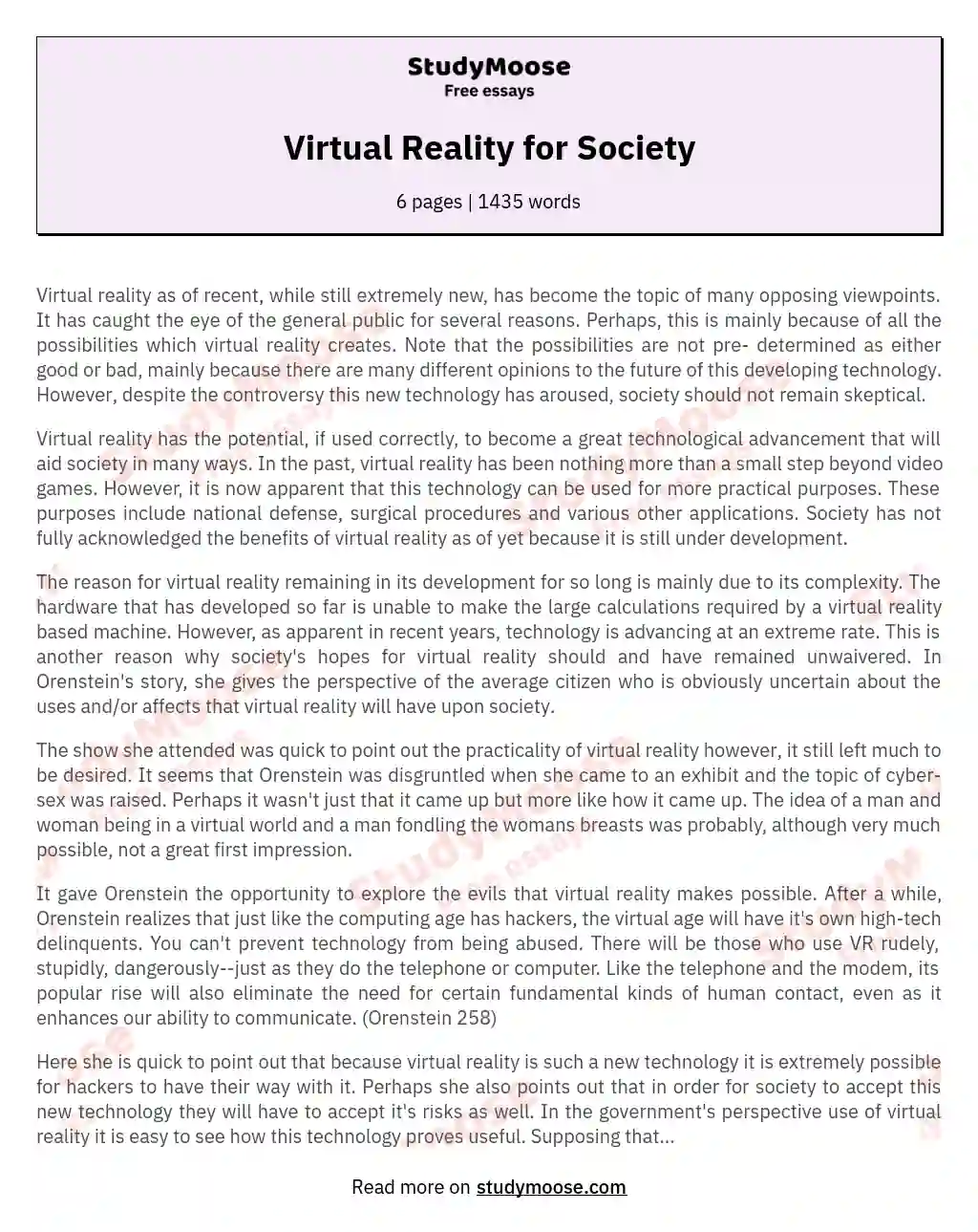 Virtual Reality for Society essay