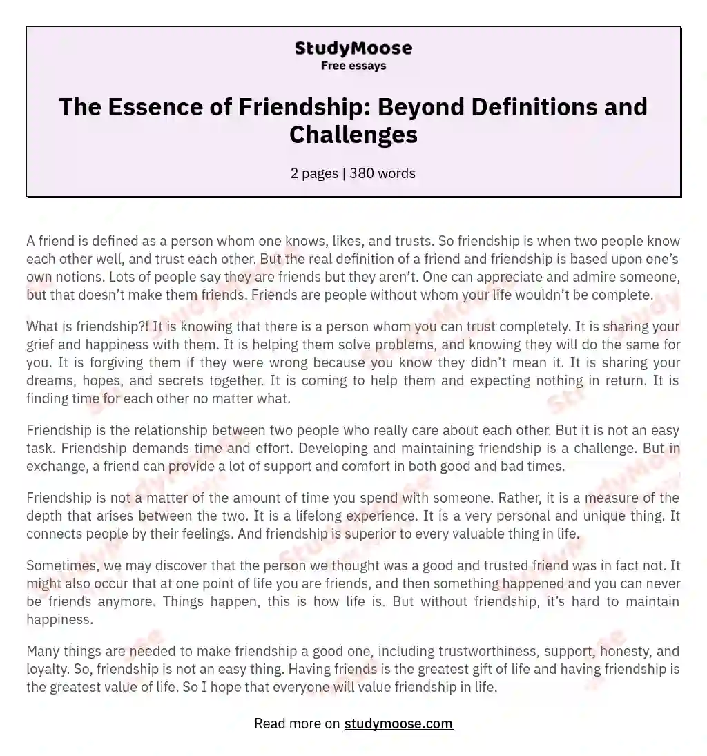 The Essence of Friendship: Beyond Definitions and Challenges essay