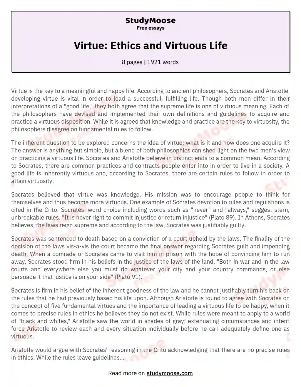 Virtue: Ethics and Virtuous Life essay