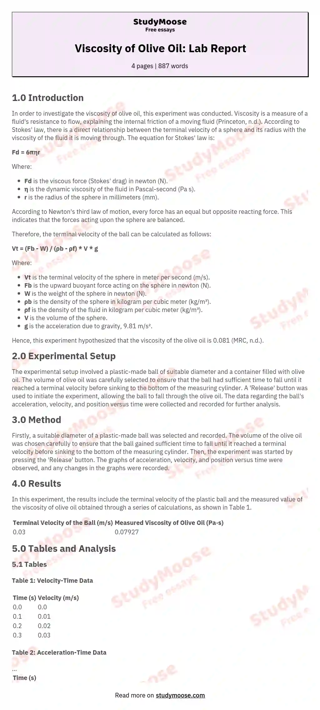 Viscosity of Olive Oil: Lab Report essay