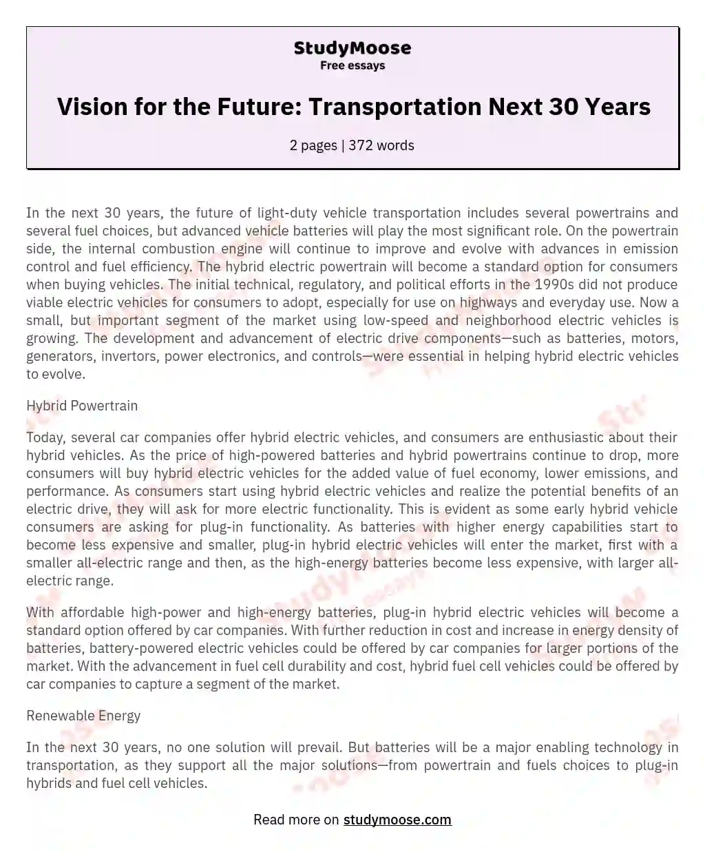 Vision for the Future: Transportation Next 30 Years essay