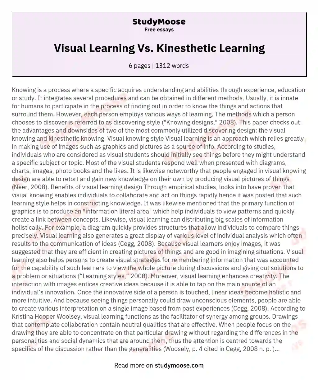 Visual Learning Vs. Kinesthetic Learning essay