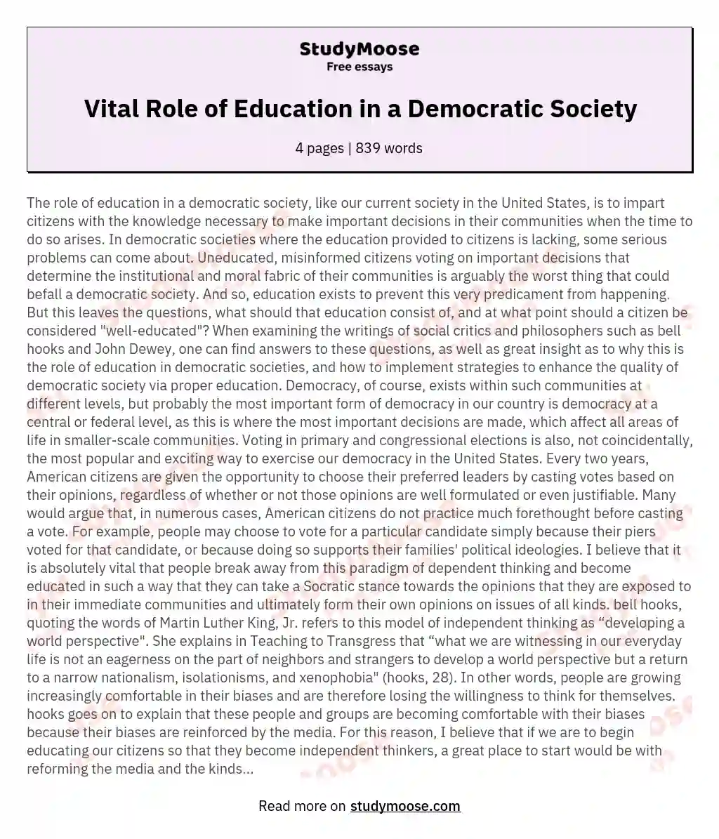 Vital Role of Education in a Democratic Society