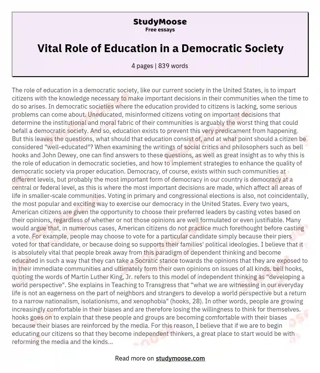 Vital Role of Education in a Democratic Society essay