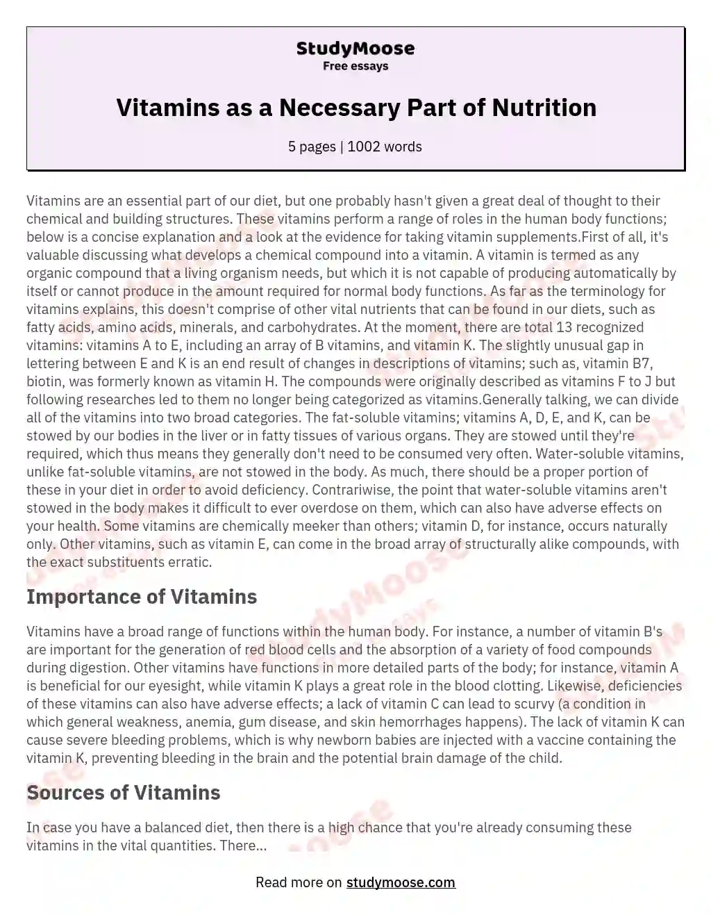 Vitamins as a Necessary Part of Nutrition essay