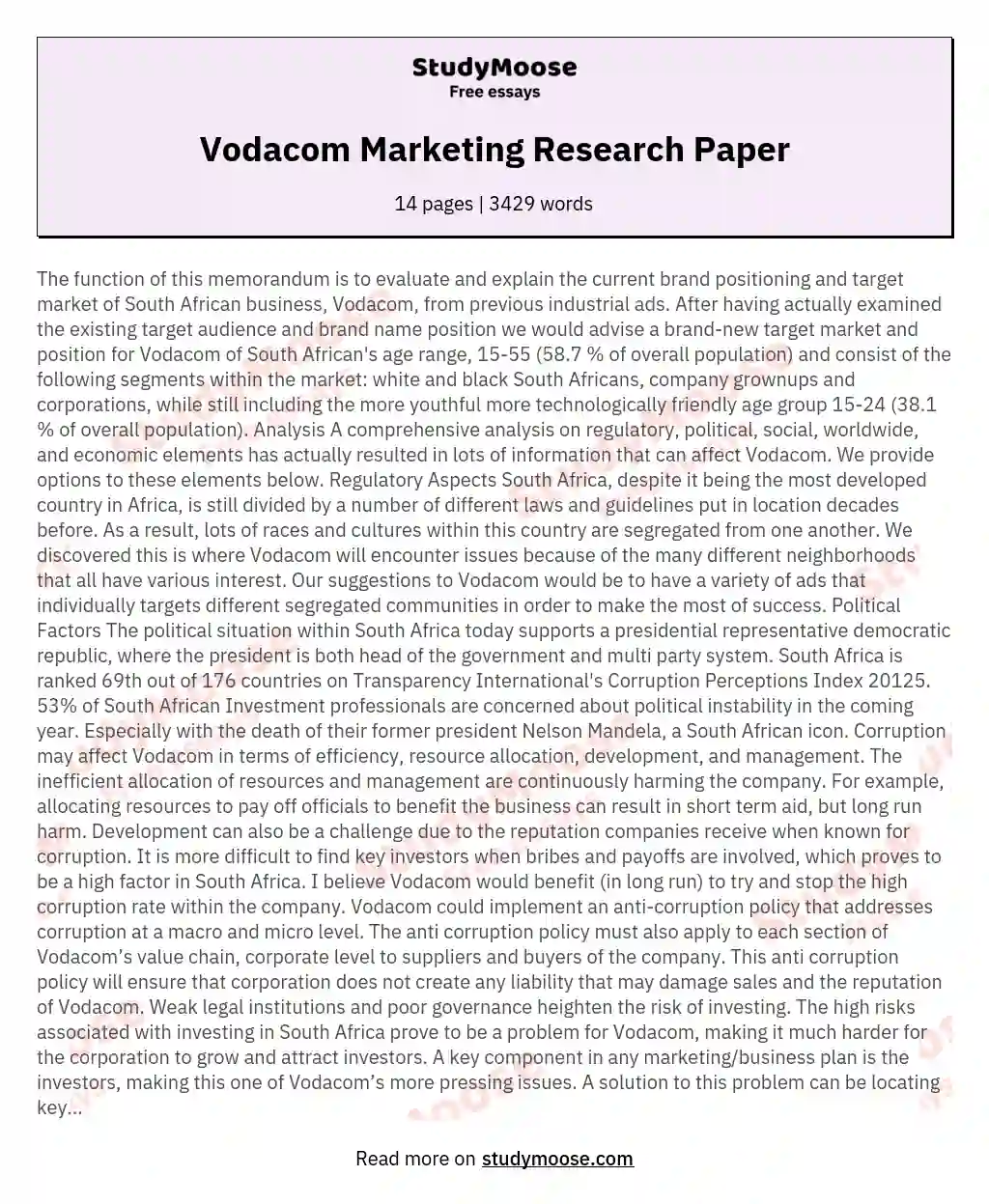 Vodacom Marketing Research Paper essay