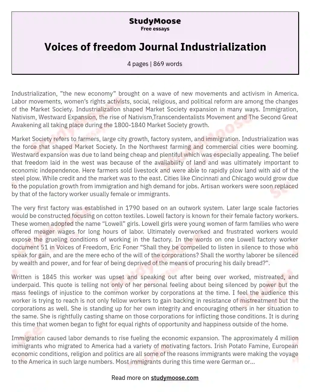 Voices of freedom Journal Industrialization essay