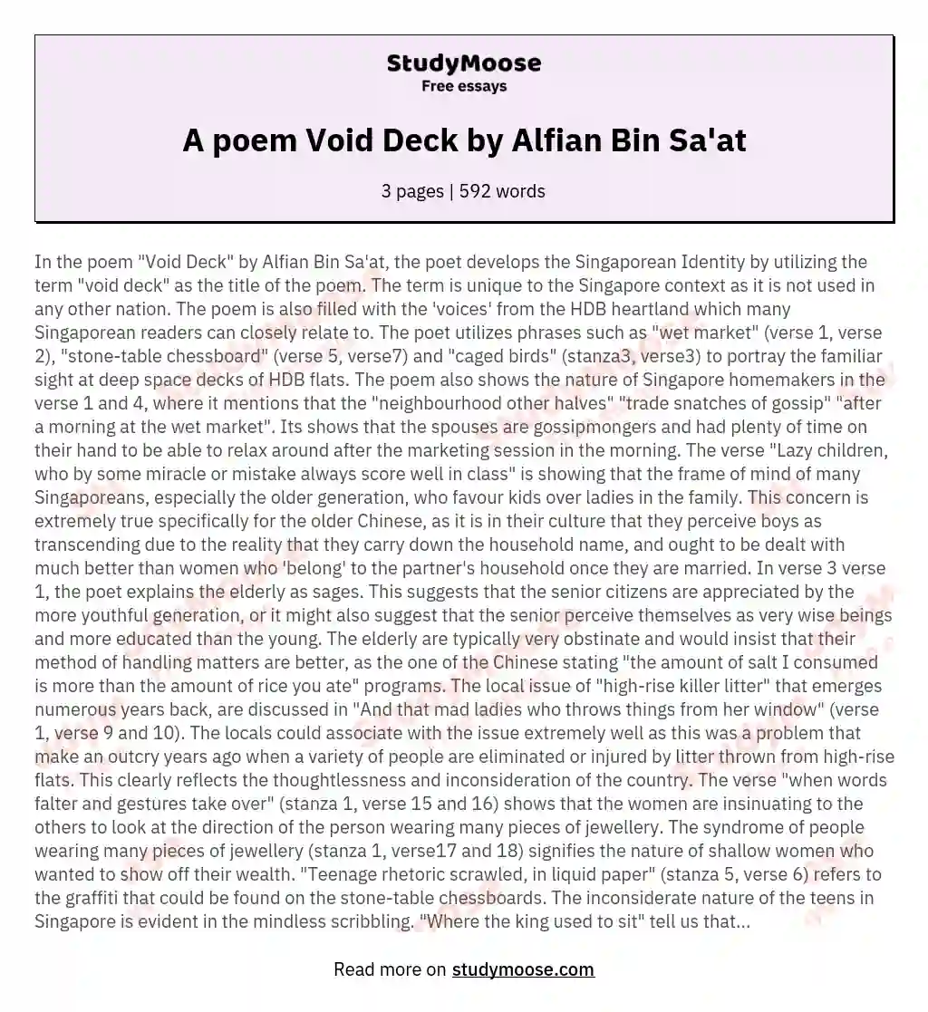 A poem Void Deck by Alfian Bin Sa'at essay