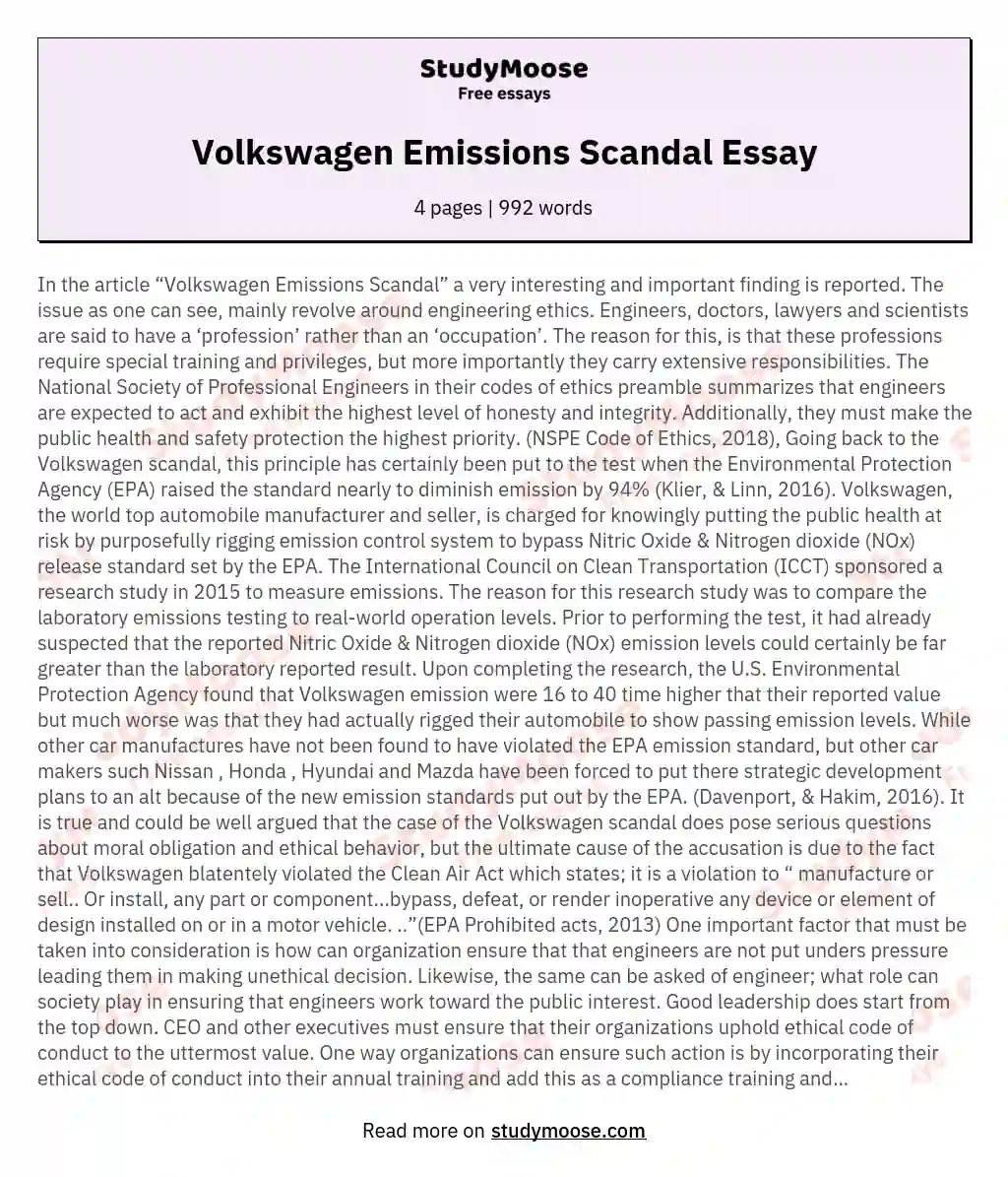 Volkswagen Emissions Scandal Essay essay