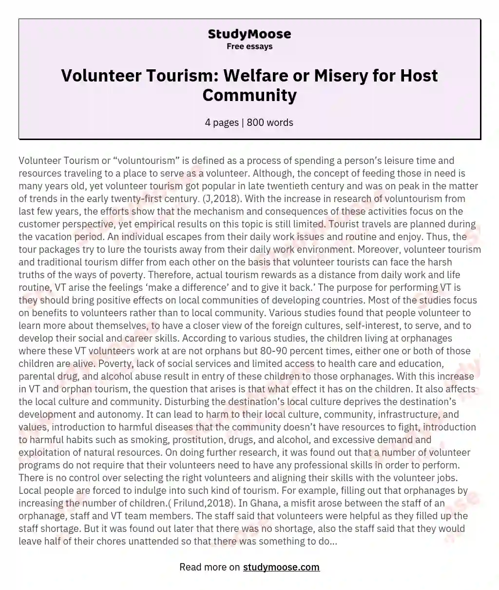Volunteer Tourism: Welfare or Misery for Host Community