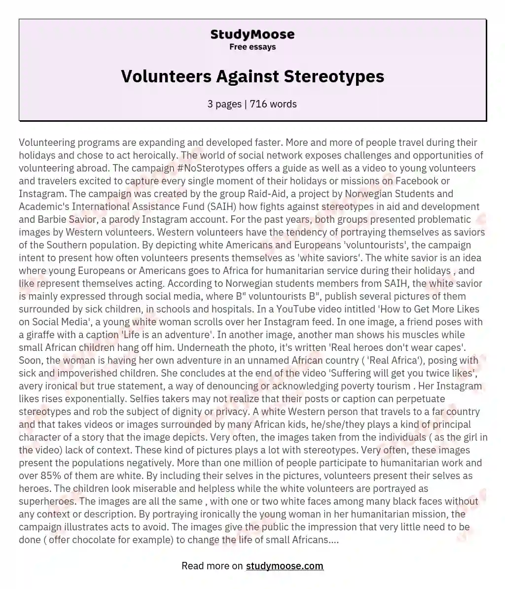 Volunteers Against Stereotypes essay