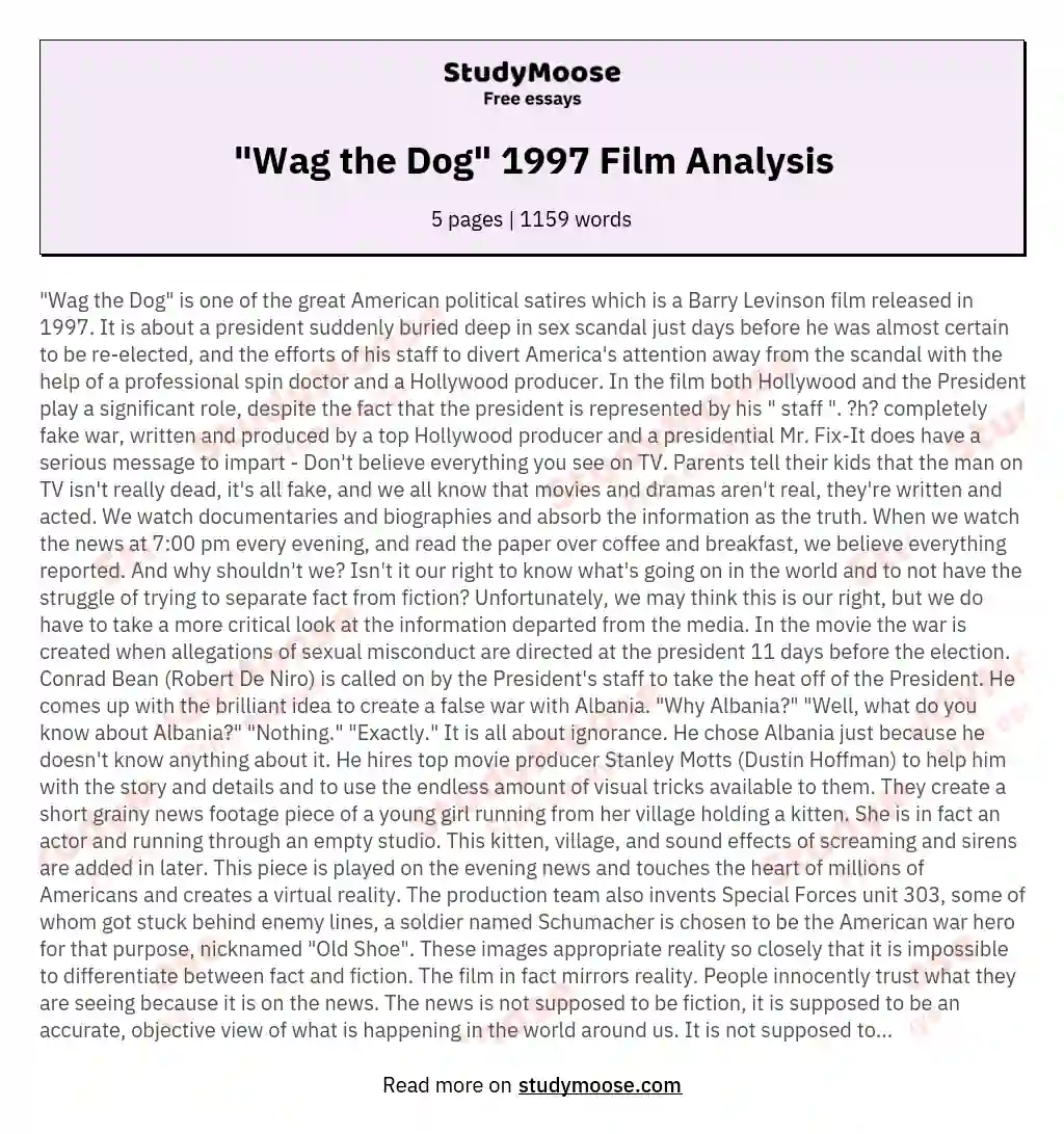 "Wag the Dog" 1997 Film Analysis essay