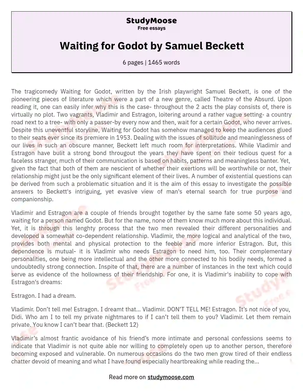 Waiting for Godot by Samuel Beckett essay