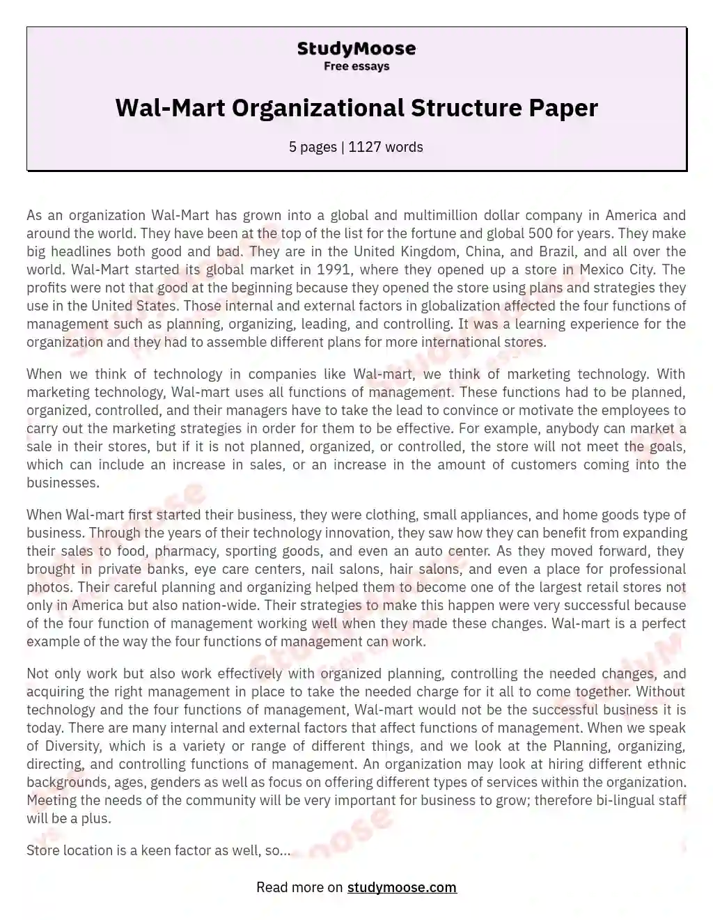 Wal-Mart Organizational Structure Paper essay