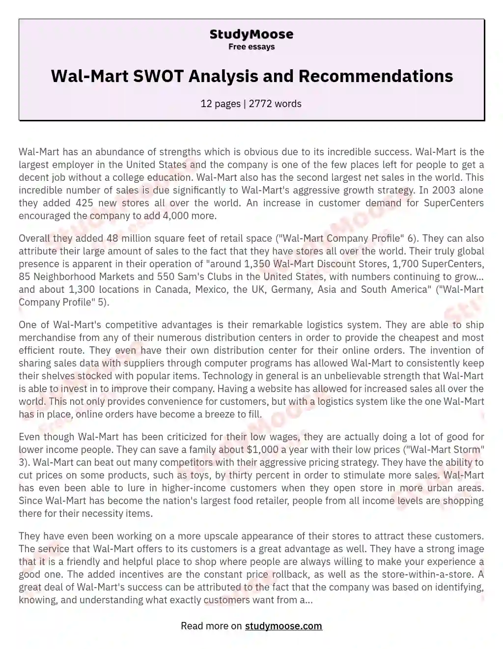 Wal-Mart SWOT Analysis and Recommendations essay
