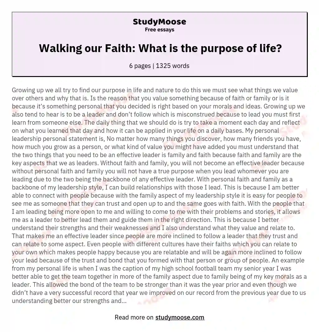 Walking our Faith: What is the purpose of life? essay