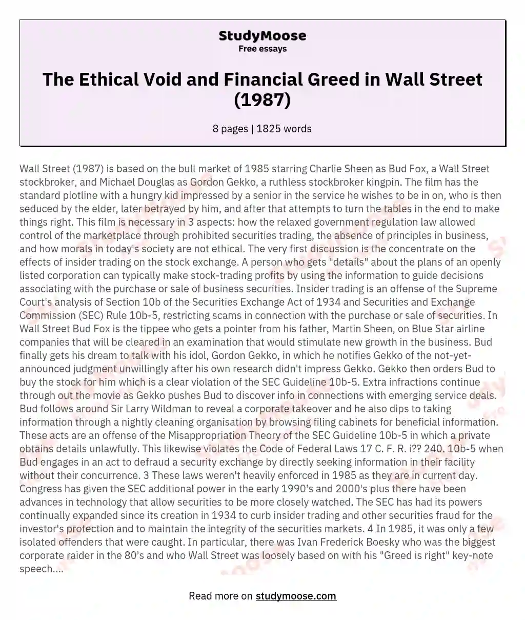 The Ethical Void and Financial Greed in Wall Street (1987) essay