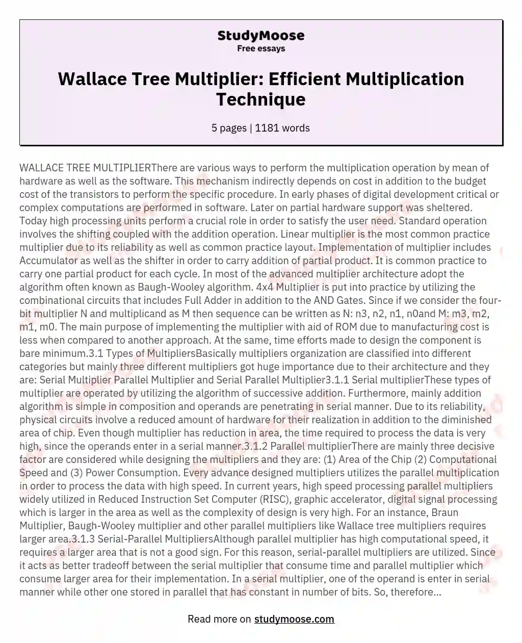 Wallace Tree Multiplier: Efficient Multiplication Technique essay