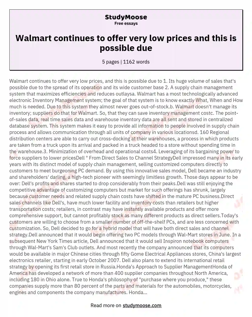 Walmart continues to offer very low prices and this is possible due essay