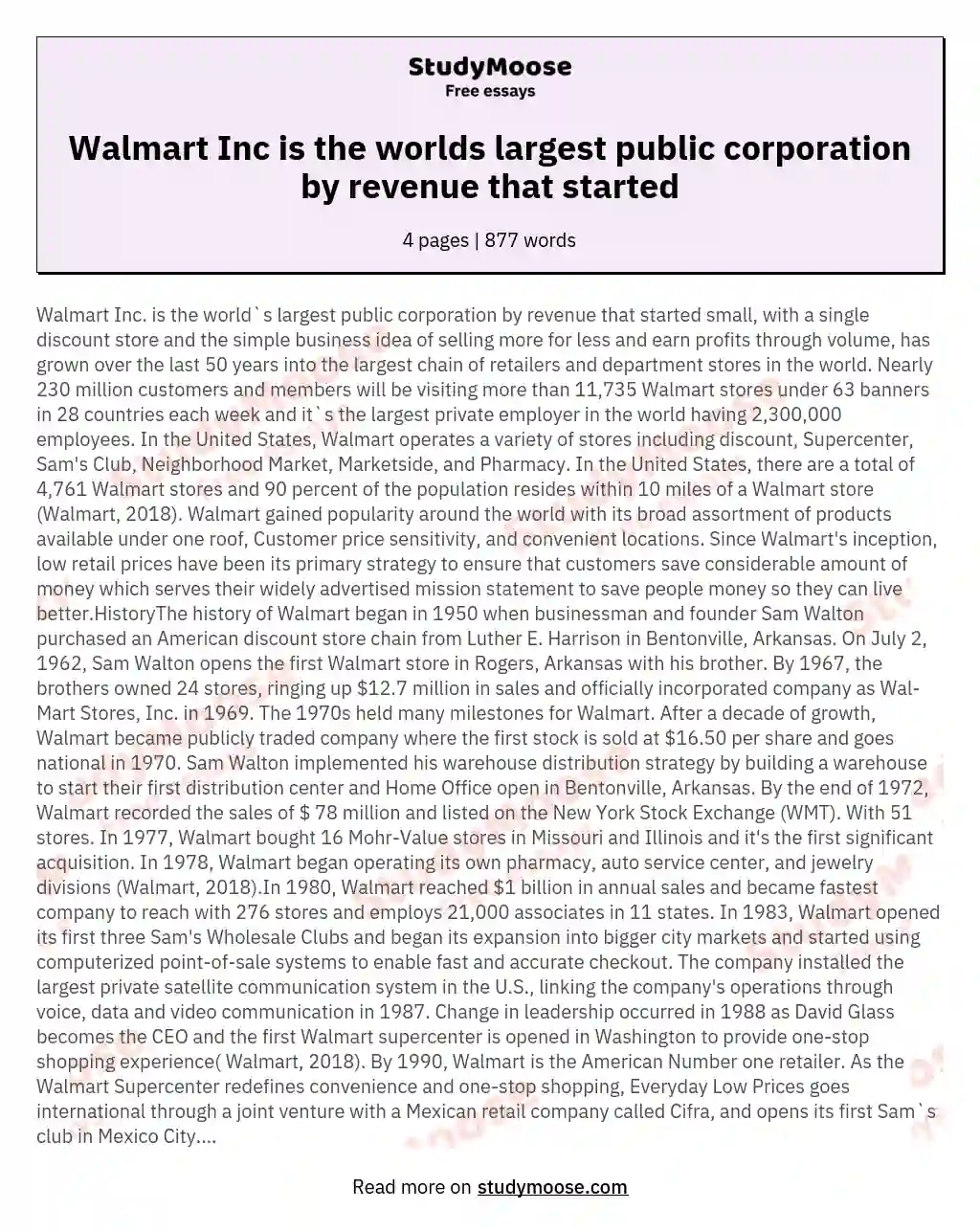 Walmart Inc is the worlds largest public corporation by revenue that started essay