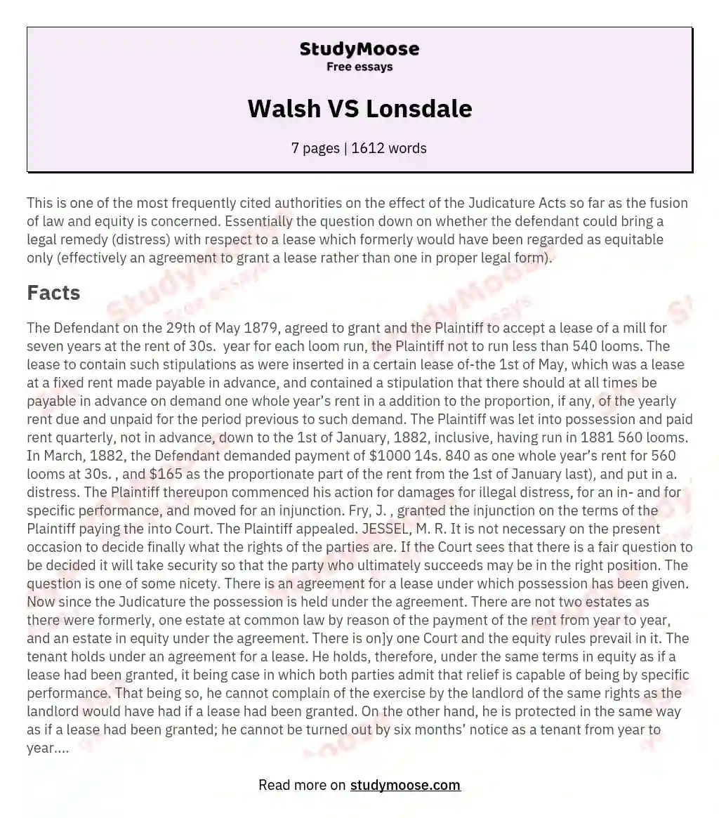 Walsh VS Lonsdale essay