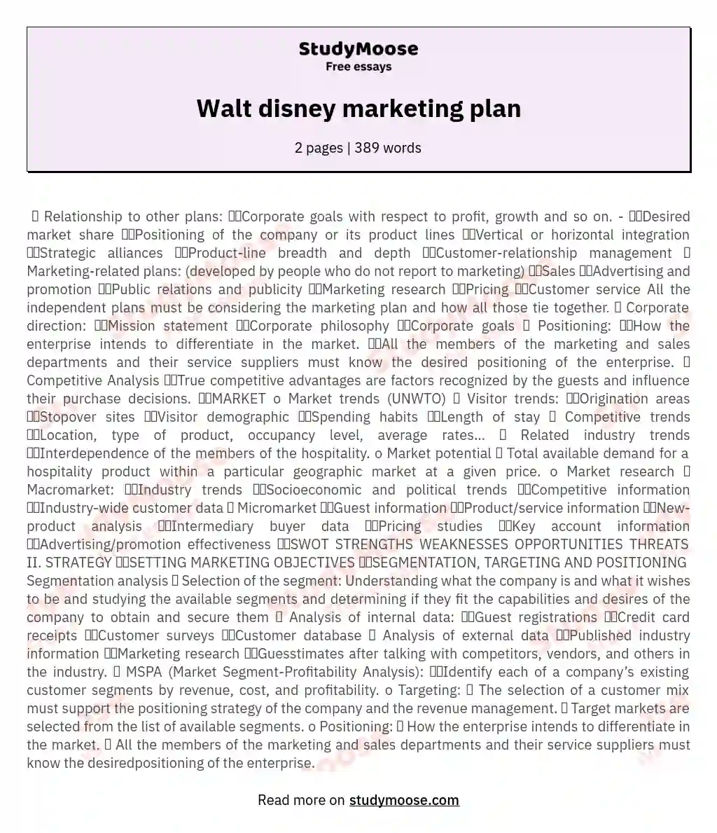 Walt disney marketing plan