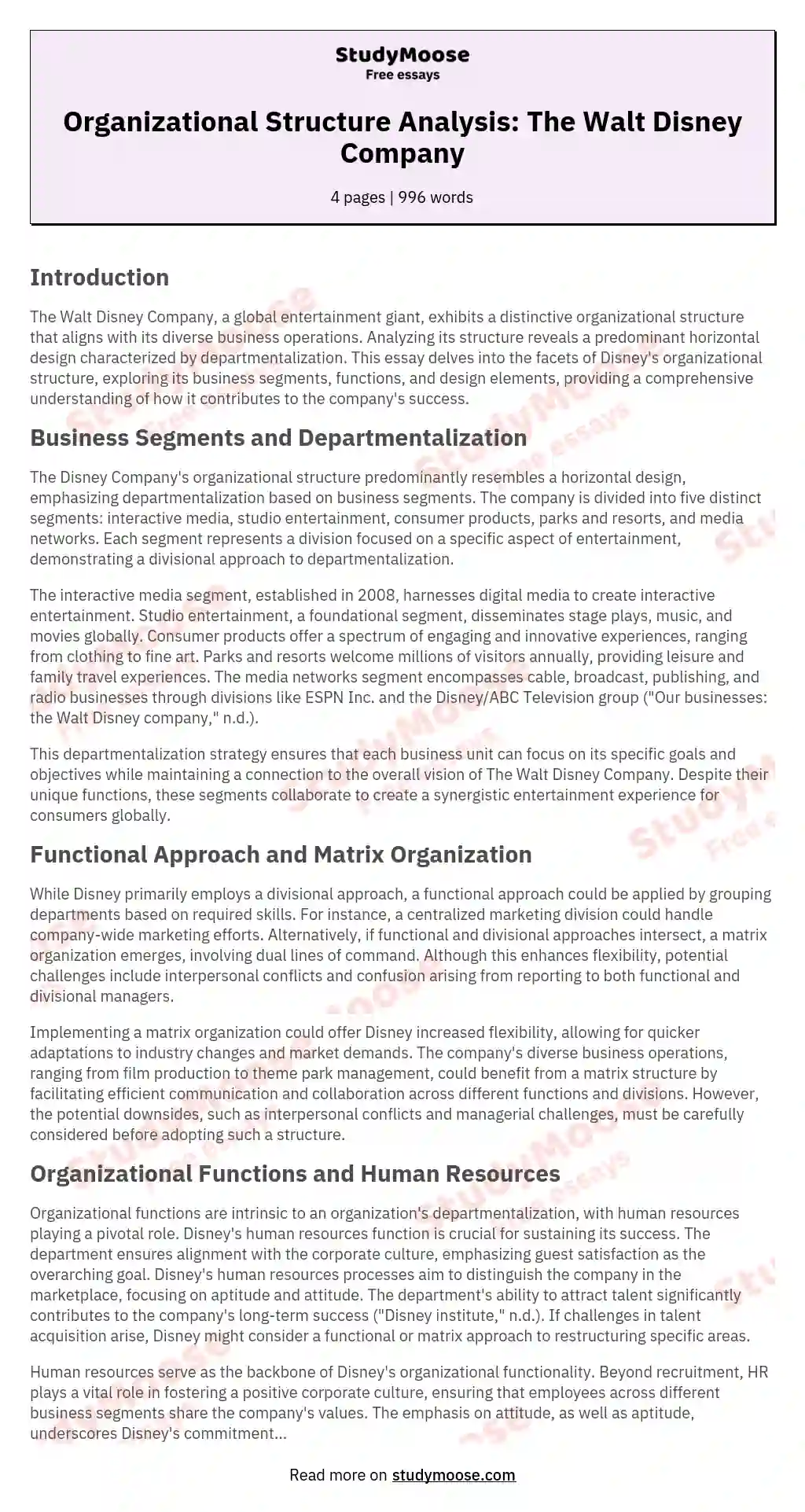 Organizational Structure Analysis: The Walt Disney Company essay