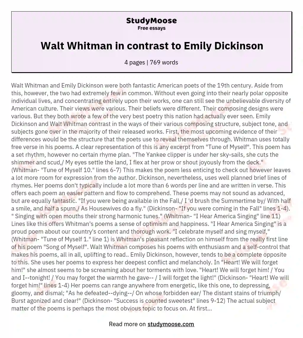 Walt Whitman in contrast to Emily Dickinson