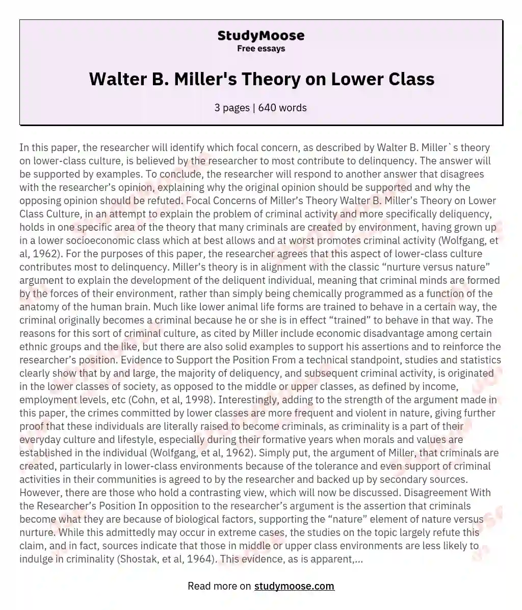 Walter B. Miller's Theory on Lower Class essay