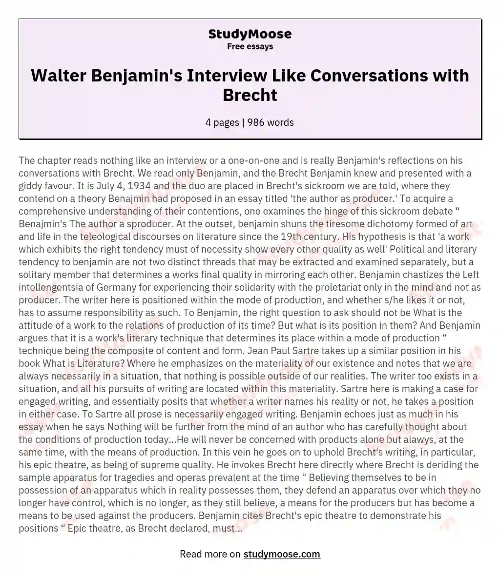 Walter Benjamin's Interview Like Conversations with Brecht essay