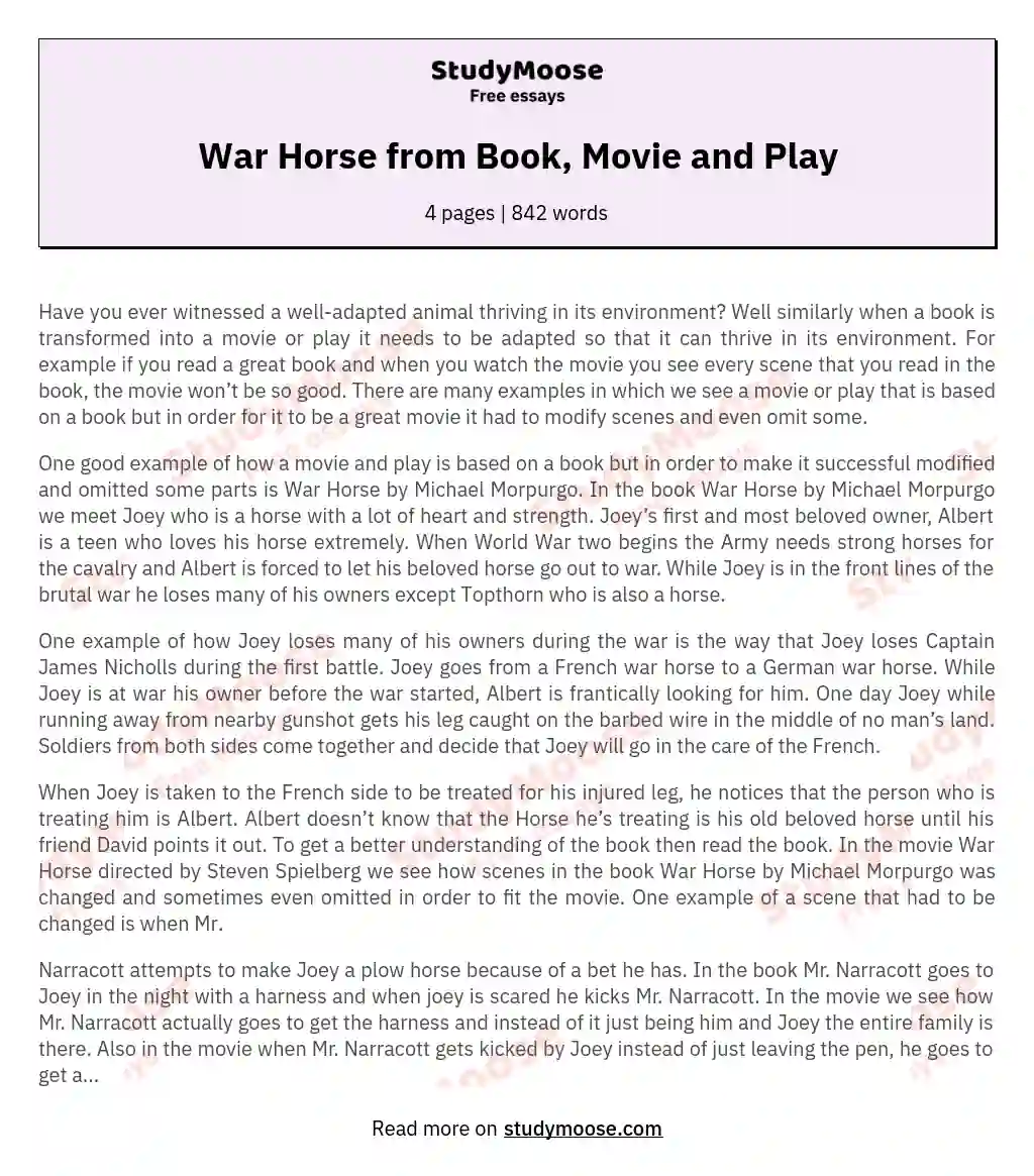 War Horse from Book, Movie and Play essay